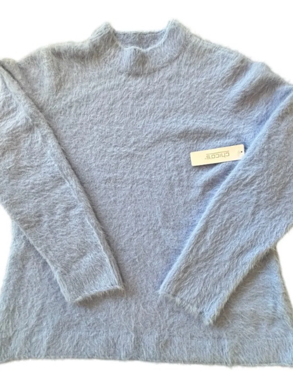 NWT Chico's Fuzzy Feminine Light Blue Crew Neck Sweater Cozy Size Large SKU 26